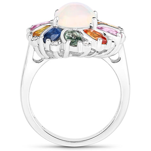 Bague en Opale Éthiopienne de 3,92 Carats et Multi Saphirs en Argent Sterling