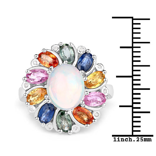 Bague en Opale Éthiopienne de 3,92 Carats et Multi Saphirs en Argent Sterling