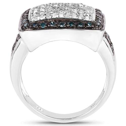 Bague en argent sterling avec diamants blancs et bleus de 0,64 carat