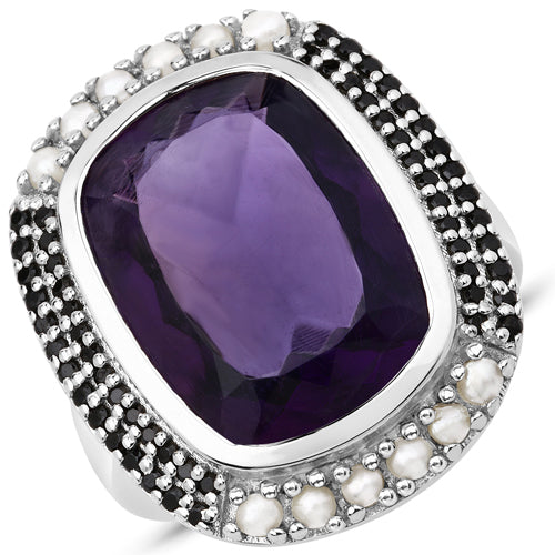 Bague en argent sterling avec améthyste de 9,59 carats, perles et spinelles noires