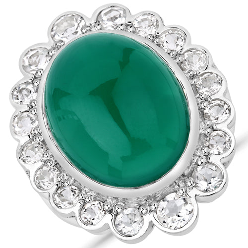 18.90 Carat Green Onyx & White Topaz Sterling Silver Ring