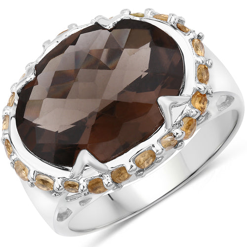 9.58 Carat Genuine Smoky Quartz and Citrine Sterling Silver Ring