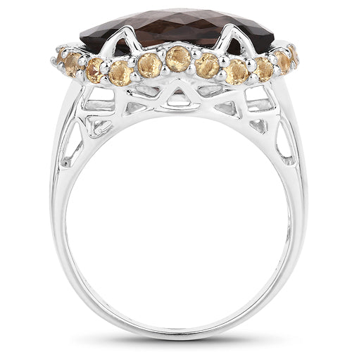 9.58 Carat Genuine Smoky Quartz and Citrine Sterling Silver Ring