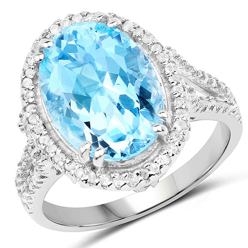 8.15 Carat Blue Topaz & White Topaz Sterling Silver Ring