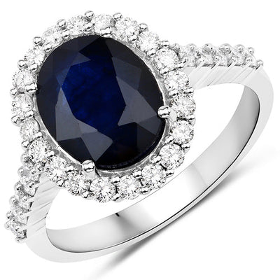 3.70 Carat Blue Sapphire & Diamond 14K White Gold Engagement Ring