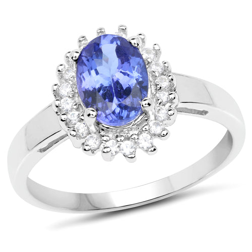Anillo de Plata de Ley con Tanzanita Genuina de 1.45 Quilates y Zirconia Blanca