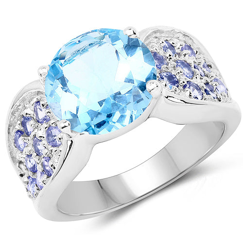Bague en argent sterling avec topaze bleue et tanzanite de 4,77 carats