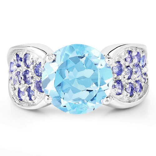 Bague en argent sterling avec topaze bleue et tanzanite de 4,77 carats