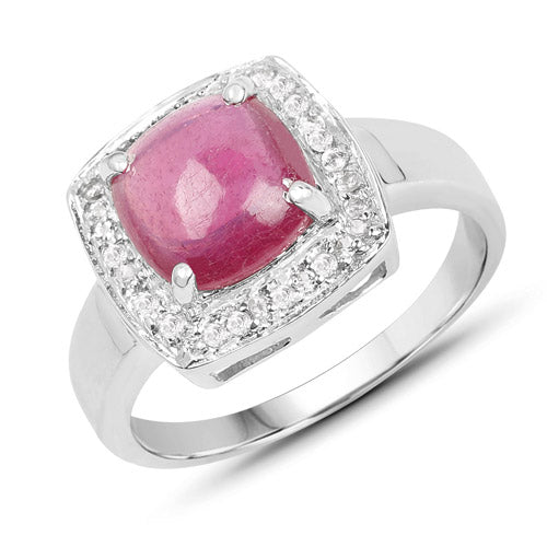Anillo de Plata Esterlina con Rubí Relleno de Vidrio de 3.31 Quilates y Topacio Blanco