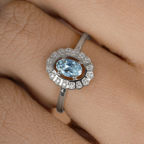Bague de fiançailles en or blanc 14K avec aquamarine et diamant de 0,44 carat