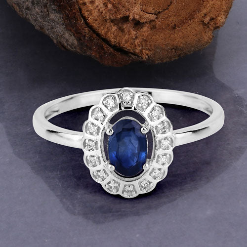 0.52 Carat Blue Sapphire & White Diamond 14K White Gold Engagement Ring