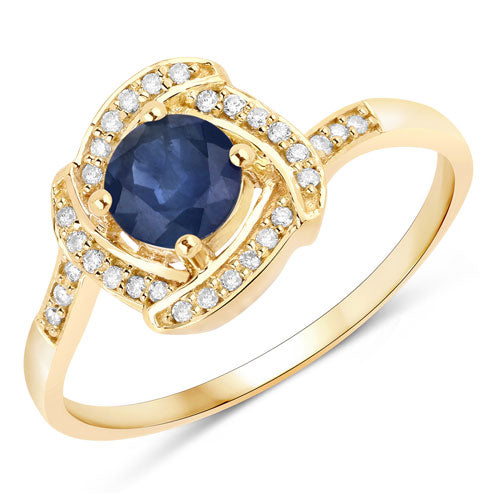 Anillo de Compromiso de Zafiro Azul y Diamante de 0.73 Quilates en Oro Amarillo de 14K