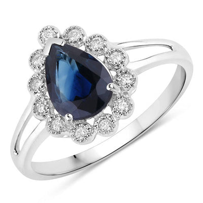 Bague Halo en Saphir Bleu et Diamants de 1,46 Carat en Or Blanc 10K