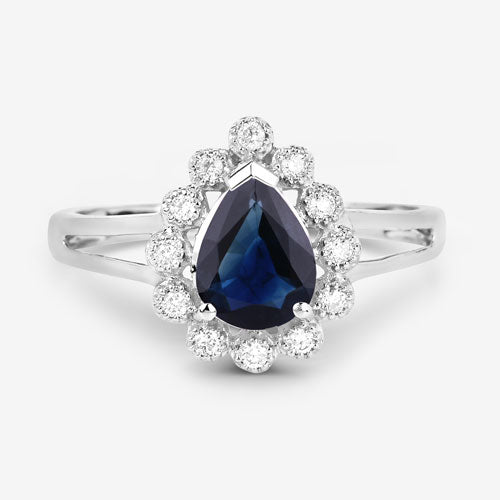1.46 Carat Blue Sapphire and Diamond Halo Ring in 10K White Gold