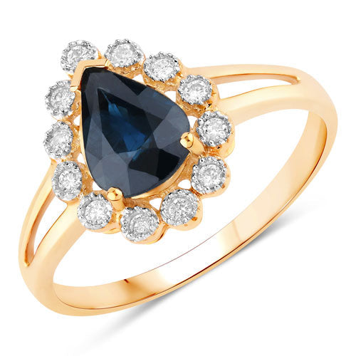 Bague Halo en Saphir Bleu et Diamants de 1,46 Carat en Or Jaune 10K