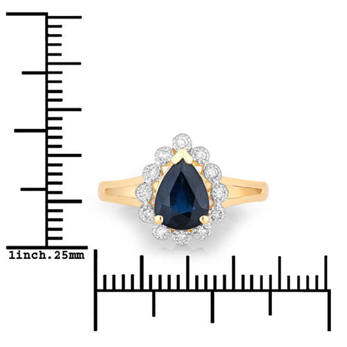 Bague Halo en Saphir Bleu et Diamants de 1,46 Carat en Or Jaune 10K