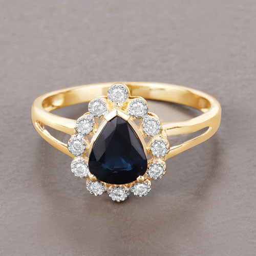 Bague Halo en Saphir Bleu et Diamants de 1,46 Carat en Or Jaune 10K