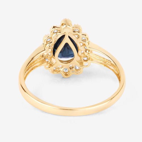 Bague Halo en Saphir Bleu et Diamants de 1,46 Carat en Or Jaune 10K