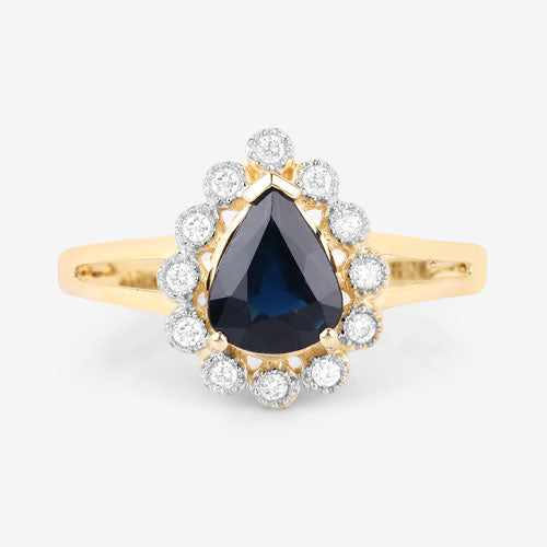 Bague Halo en Saphir Bleu et Diamants de 1,46 Carat en Or Jaune 10K