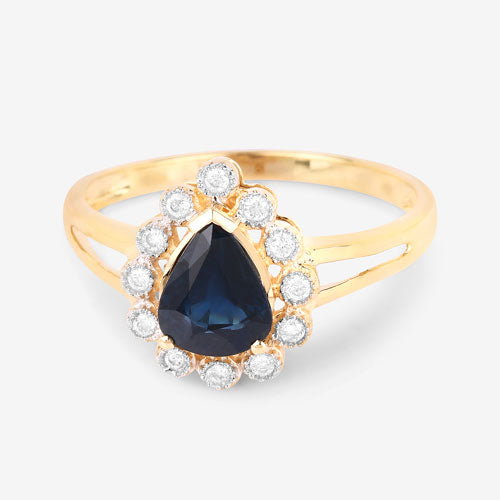 Bague Halo en Saphir Bleu et Diamants de 1,46 Carat en Or Jaune 10K