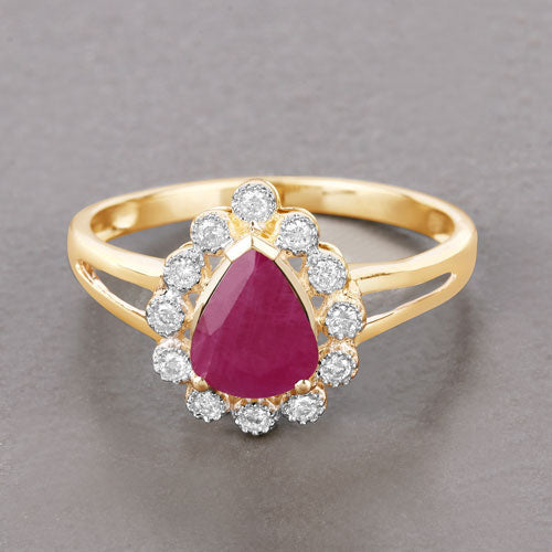 1.31 Carat Genuine Ruby and White Diamond Halo Ring in 10K Yellow Gold