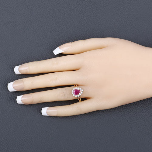 1.31 Carat Genuine Ruby and White Diamond Halo Ring in 10K Yellow Gold