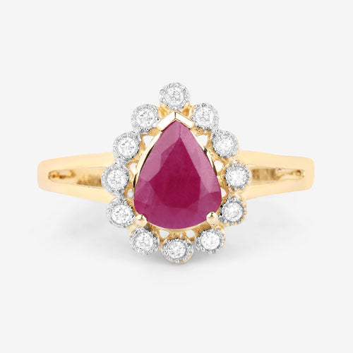 1.31 Carat Genuine Ruby and White Diamond Halo Ring in 10K Yellow Gold