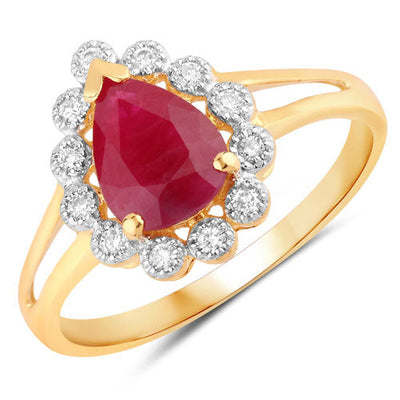 Bague en or jaune 14K avec rubis véritable de 1,31 carat et diamants blancs