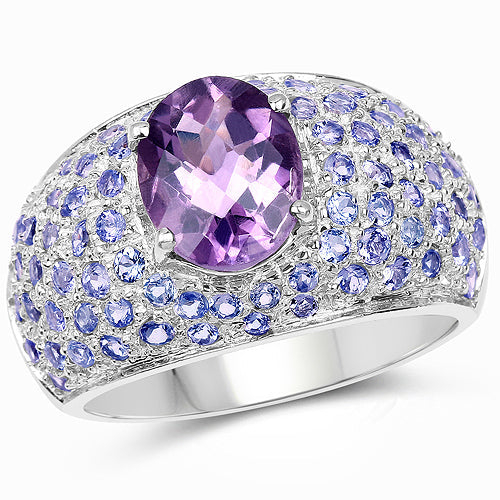 4.21 Carat Genuine Amethyst and Tanzanite Sterling Silver Ring