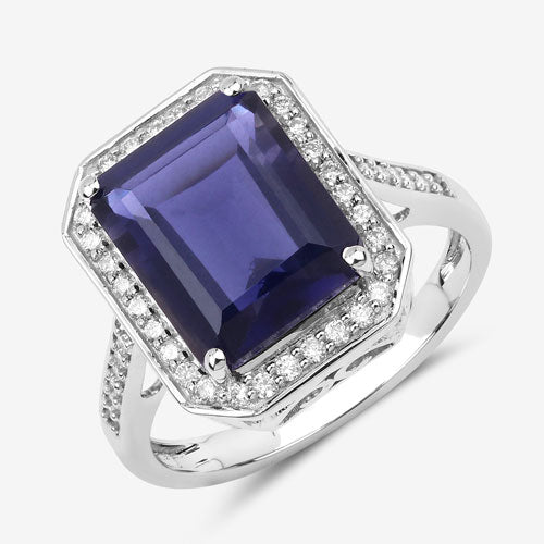 Bague de fiançailles en or blanc 14K avec iolite et diamant de 3,70 carats