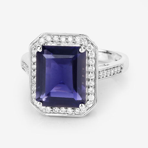 Bague de fiançailles en or blanc 14K avec iolite et diamant de 3,70 carats