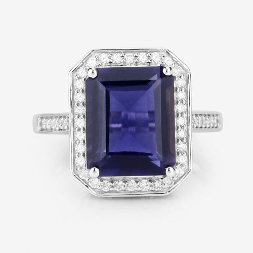 Bague de fiançailles en or blanc 14K avec iolite et diamant de 3,70 carats