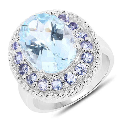 Bague en argent sterling avec topaze bleue et tanzanite de 7,41 carats