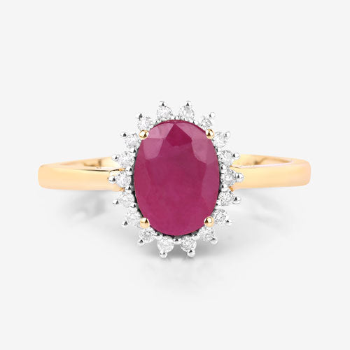 Bague en or jaune 10K avec rubis véritable de 1,58 carat et diamants blancs