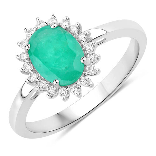 Bague de fiançailles en or blanc 10K avec émeraude zambienne de 1,34 carat et diamants