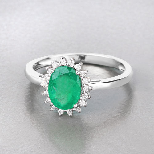 Bague de fiançailles en or blanc 10K avec émeraude zambienne de 1,34 carat et diamants