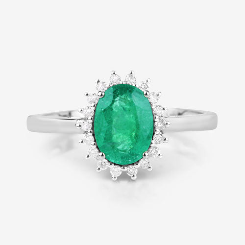 Bague de fiançailles en or blanc 10K avec émeraude zambienne de 1,34 carat et diamants