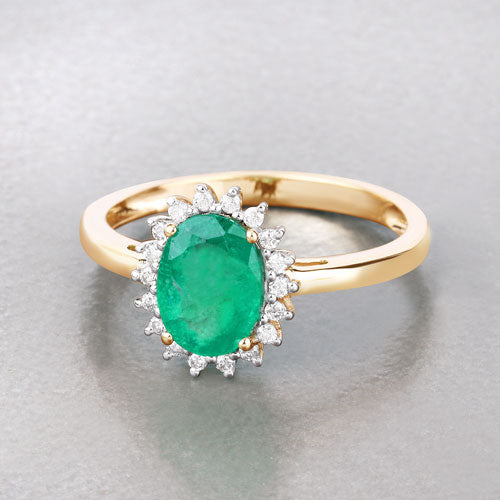 1.34 Carat Zambian Emerald and Diamond Halo Ring in 10K Yellow Gold