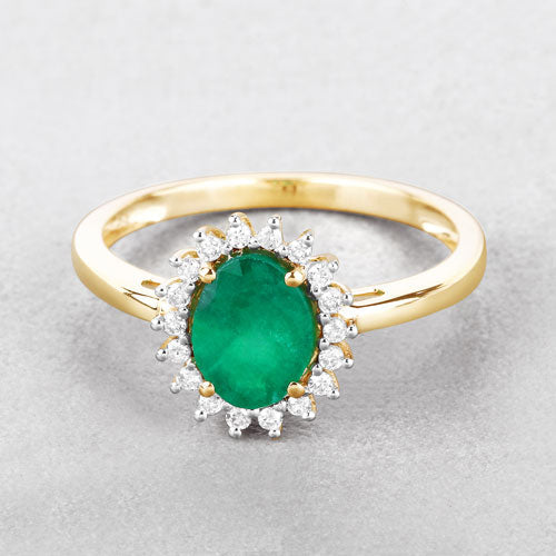 Bague de fiançailles en or jaune 14K avec émeraude zambienne de 1,34 carat et diamants