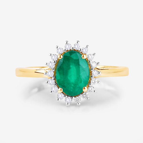Bague de fiançailles en or jaune 14K avec émeraude zambienne de 1,34 carat et diamants