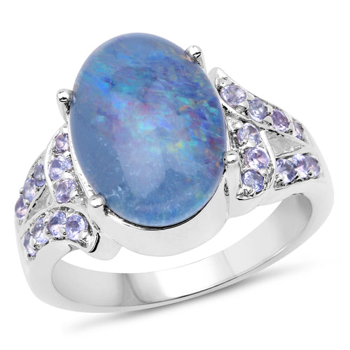 4.12 Carat Genuine Triplet Opal and Tanzanite Sterling Silver Ring