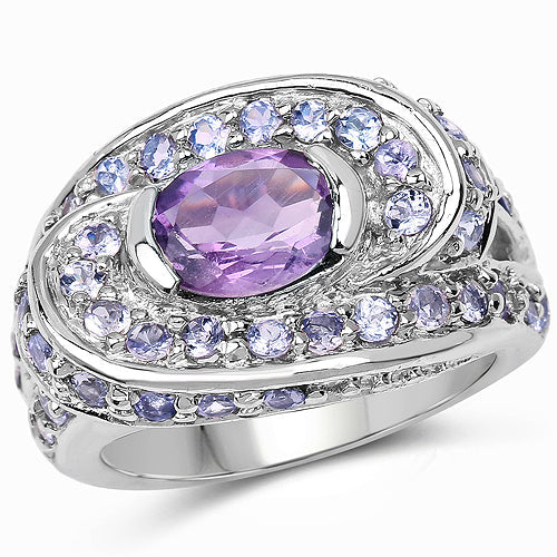 2.76 Carat Genuine Amethyst and Tanzanite Sterling Silver Ring