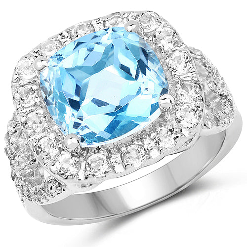 Anillo de plata esterlina con topacio azul y topacio blanco de 5.17 quilates