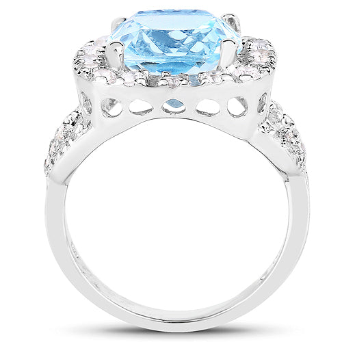 Anillo de plata esterlina con topacio azul y topacio blanco de 5.17 quilates
