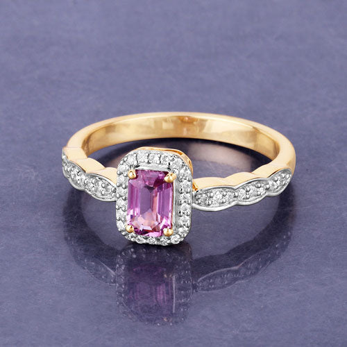Bague en or jaune 14K avec saphir rose de 0,80 carat et diamants blancs