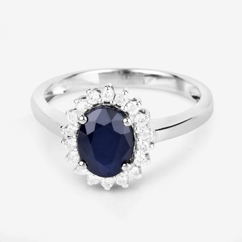 1.73 Carat Blue Sapphire and Diamond 14K White Gold Engagement Ring