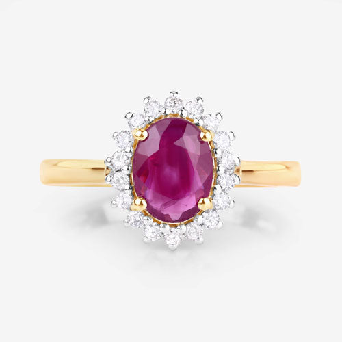 Anillo Halo de Rubí y Diamantes de 1.64 Quilates en Oro Amarillo de 14K