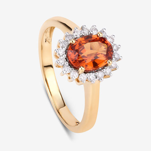 Anillo de 1.87 quilates de granate espessartita y diamante en oro amarillo de 14 quilates