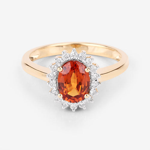 Anillo de 1.87 quilates de granate espessartita y diamante en oro amarillo de 14 quilates