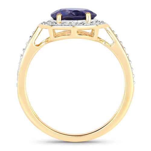 Bague en or jaune 14K avec iolite de 1,79 carat et diamants blancs